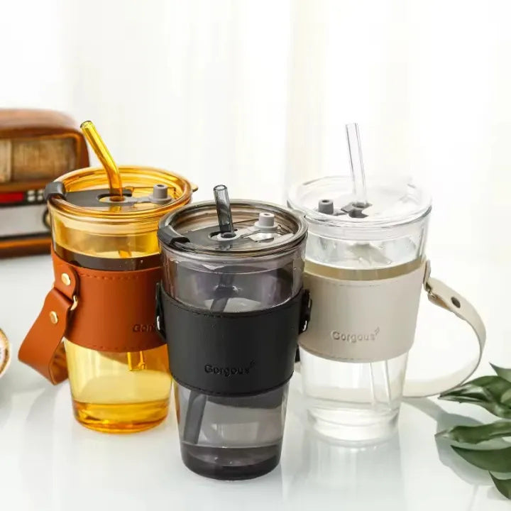 Premium Transparent Glass Drinking Cup with Lid & Straw – Portable Bamboo Wrapped Beverage Tumbler
