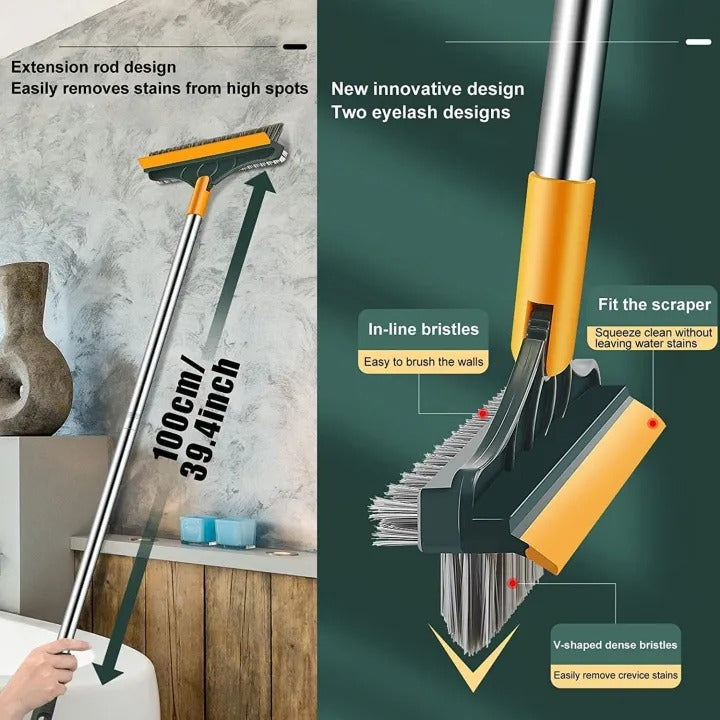 3 in 1 Bathroom Cleaning Brush with Wiper – Long Handle 180° Rotating Floor Brush