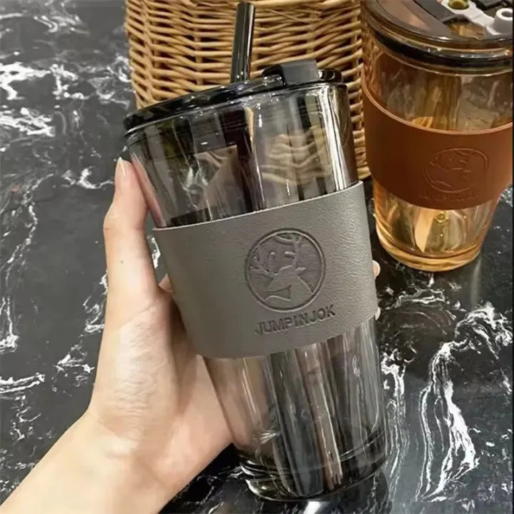 450ML Reusable Glass Tumbler – Coffee Cup with Straw & Sleeve