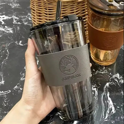 450ML Reusable Glass Tumbler – Coffee Cup with Straw & Sleeve