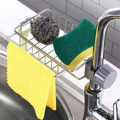 Adjustable Stainless Steel Faucet Sponge Holder – Kitchen Sink Organizer Rack for Soap, Sponge & Cleaning Tools