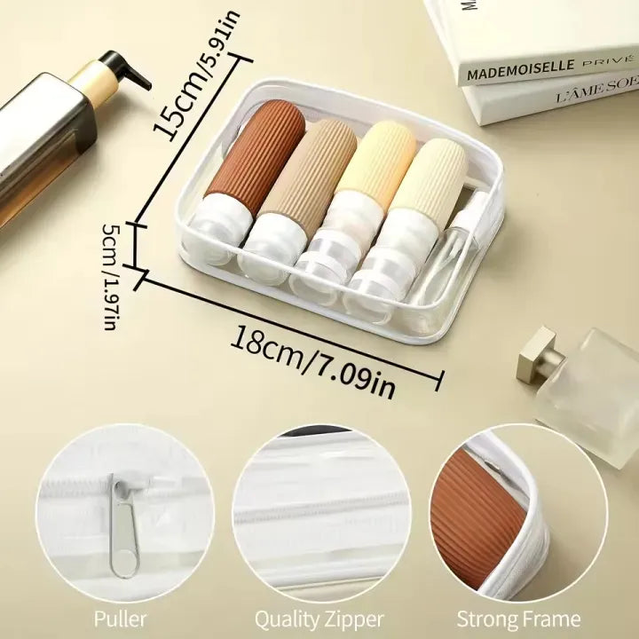 Set of small bottles with a white container, showing measurements and quality features on a beige background.