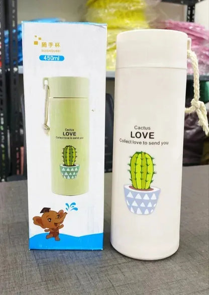 Premium 400ML Glass Water Bottle with Cactus Design – Leakproof BPA Free Portable Drinking Bottle