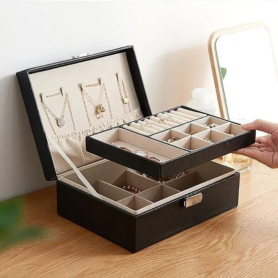 Two Layer Large Jewellery Organizer Box with Lock – PU Leather Jewellery Storage Case