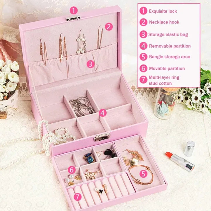 Two Layer Large Jewellery Organizer Box with Lock – PU Leather Jewellery Storage Case