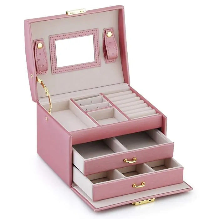Two Layer Large Jewellery Organizer Box with Lock – PU Leather Jewellery Storage Case