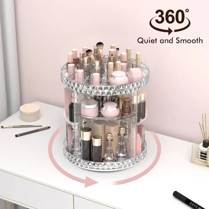 3D Rotating Makeup Organizer – 360° Acrylic Beauty Storage Rack