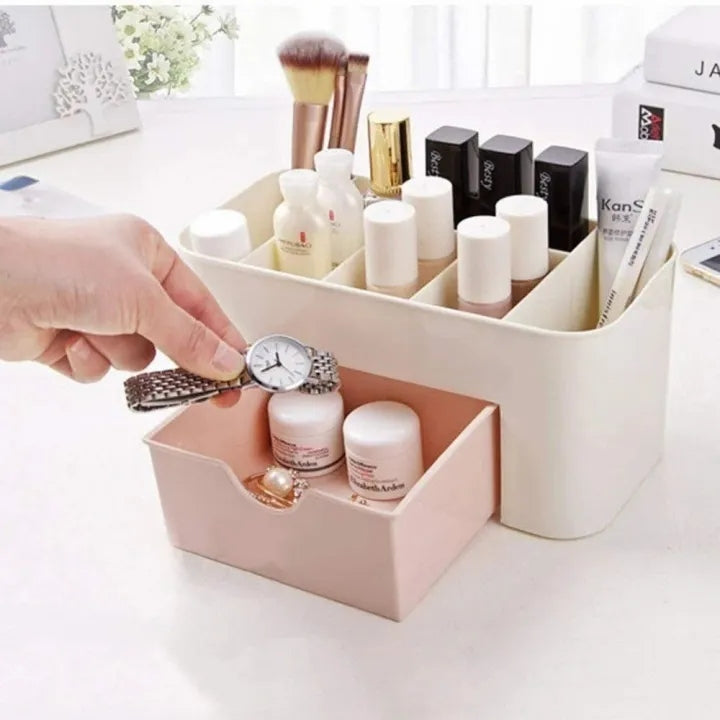 Plastic Makeup Storage Box with Drawers – Cosmetic & Jewelry Organizer for Desktop