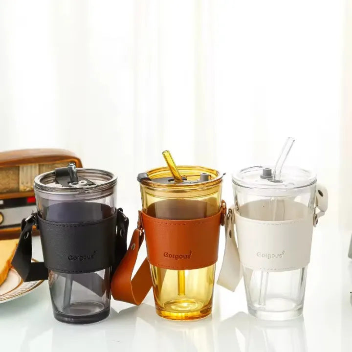 Premium Transparent Glass Drinking Cup with Lid & Straw – Portable Bamboo Wrapped Beverage Tumbler