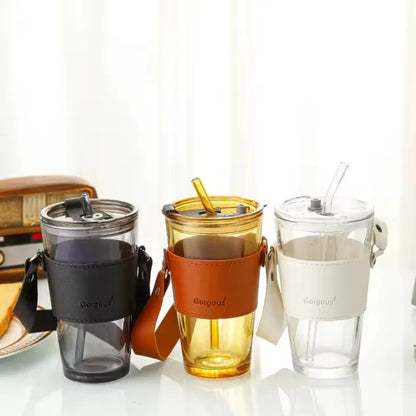 Premium Transparent Glass Drinking Cup with Lid & Straw – Portable Bamboo Wrapped Beverage Tumbler