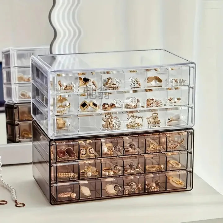 Acrylic 3-Drawer Jewelry Box Organizer – Velvet Lined 72 Grid Multi-Function Storage