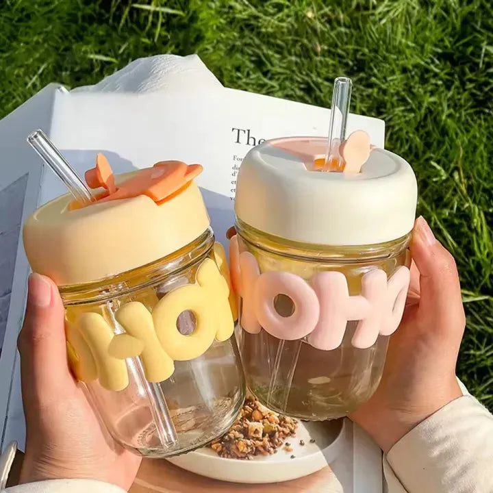 High Quality 350ML Glass Tumbler with Secure Lid – Reusable Straw Water Bottle for Daily Use