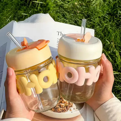 High Quality 350ML Glass Tumbler with Secure Lid – Reusable Straw Water Bottle for Daily Use