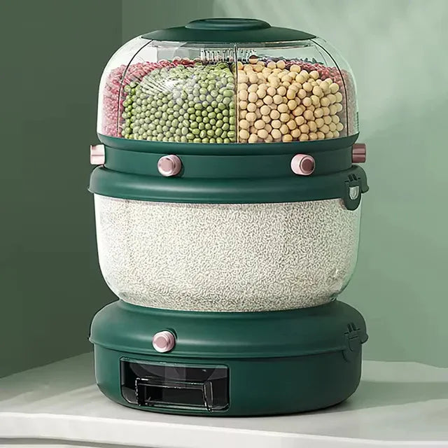 Luxury 6-Grid Rotating Grain Dispenser – 9KG Emerald Edition