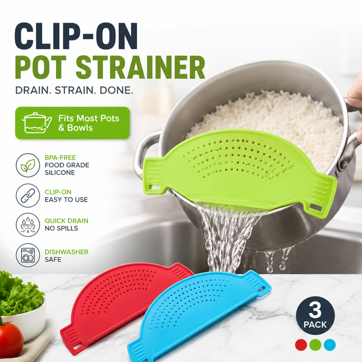 Clip-On Pot Strainer | Rice Washing Drain Basket & Kitchen Food Strainer