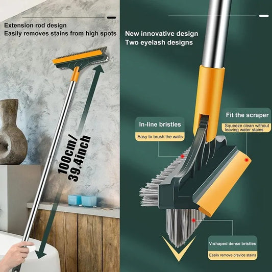 3 in 1 Bathroom Cleaning Brush with Wiper – Long Handle 180° Rotating Floor Brush