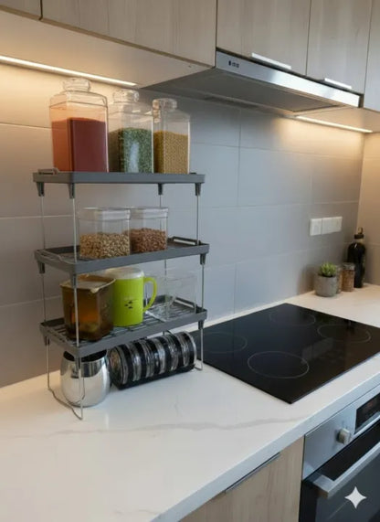 Kitchen Cabinet Shelf – Stackable Foldable Storage Rack