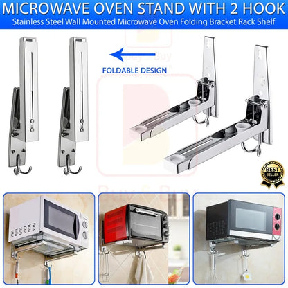 Microwave Wall Mount Rack – Folding Shelf with 2 Hooks
