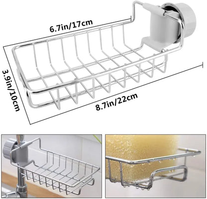 Adjustable Stainless Steel Faucet Sponge Holder – Kitchen Sink Organizer Rack for Soap, Sponge & Cleaning Tools