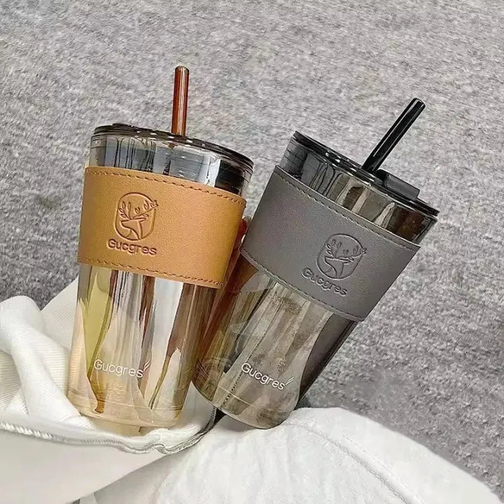 450ML Reusable Glass Tumbler – Coffee Cup with Straw & Sleeve