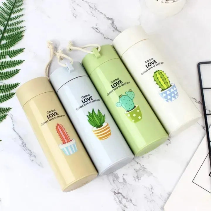 Premium 400ML Glass Water Bottle with Cactus Design – Leakproof BPA Free Portable Drinking Bottle