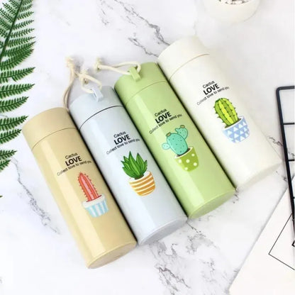 Premium 400ML Glass Water Bottle with Cactus Design – Leakproof BPA Free Portable Drinking Bottle