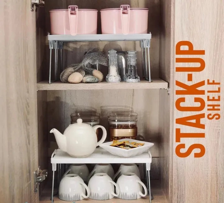 Kitchen Cabinet Shelf – Stackable Foldable Storage Rack