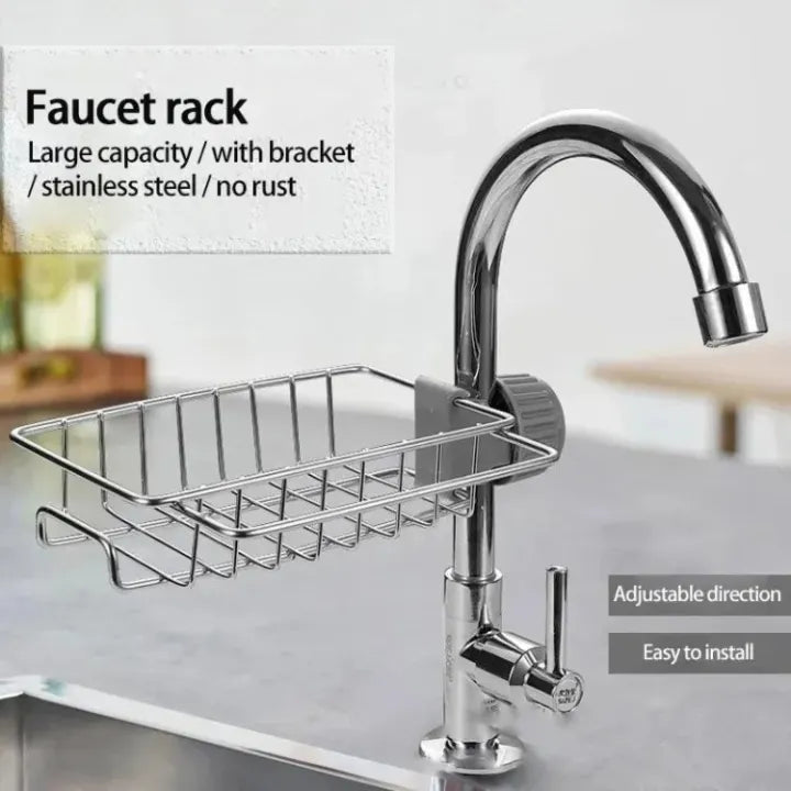 Adjustable Stainless Steel Faucet Sponge Holder – Kitchen Sink Organizer Rack for Soap, Sponge & Cleaning Tools