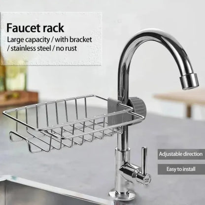 Adjustable Stainless Steel Faucet Sponge Holder – Kitchen Sink Organizer Rack for Soap, Sponge & Cleaning Tools