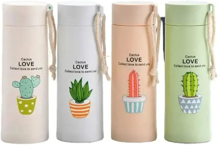 Premium 400ML Glass Water Bottle with Cactus Design – Leakproof BPA Free Portable Drinking Bottle