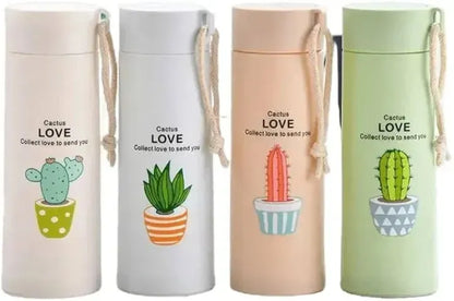 Premium 400ML Glass Water Bottle with Cactus Design – Leakproof BPA Free Portable Drinking Bottle