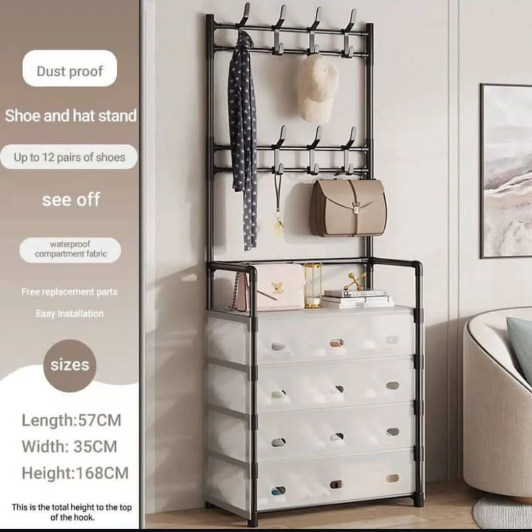 Coat & Shoe Rack with Dustproof Storage – Multi-Layer Organizer with Hanging Hooks
