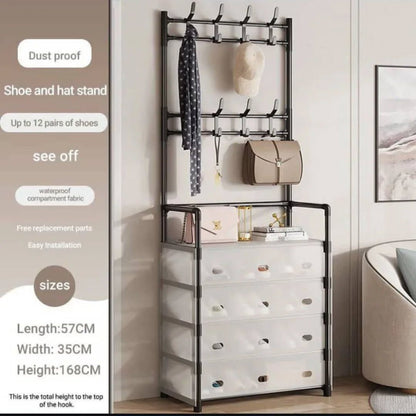 Coat & Shoe Rack with Dustproof Storage – Multi-Layer Organizer with Hanging Hooks