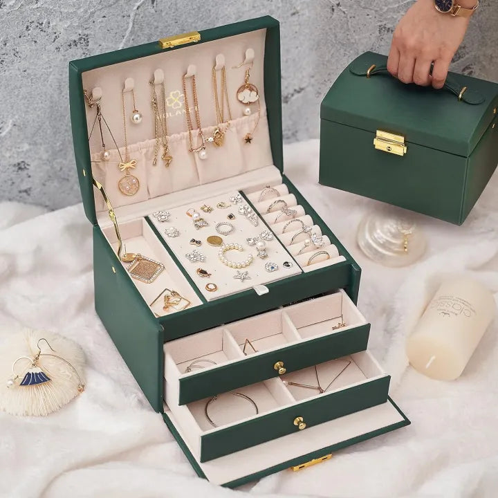 Two Layer Large Jewellery Organizer Box with Lock – PU Leather Jewellery Storage Case