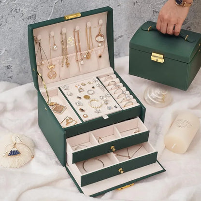Two Layer Large Jewellery Organizer Box with Lock – PU Leather Jewellery Storage Case