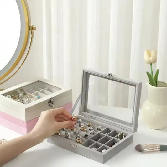 Premium Pink Jewellery Organizer – Glass Lid Ring & Earring Display Box