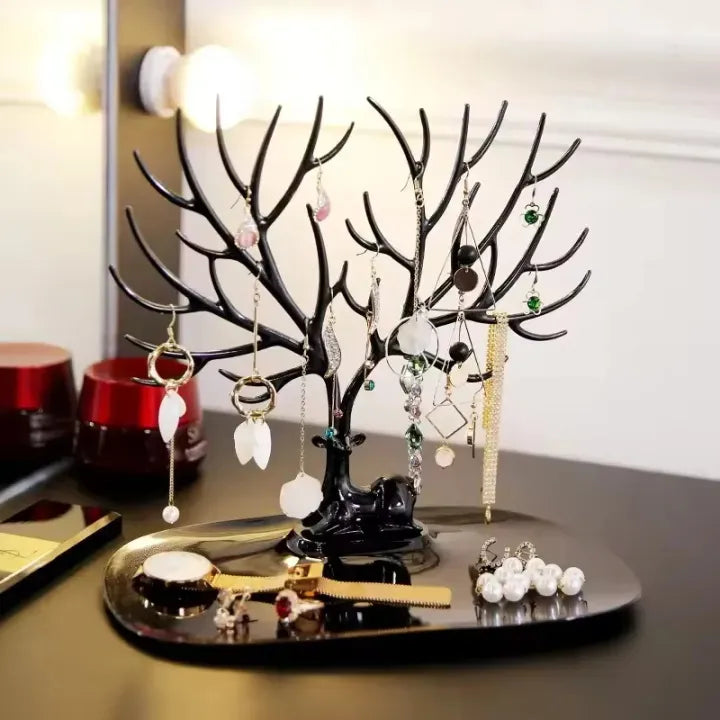 Elegant Deer Tree Jewelry Organizer Stand – Multi Tier Necklace, Bracelet & Earring Display with Storage Tray