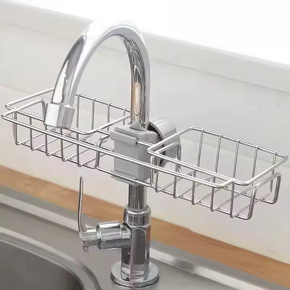 Adjustable Stainless Steel Faucet Sponge Holder – Kitchen Sink Organizer Rack for Soap, Sponge & Cleaning Tools