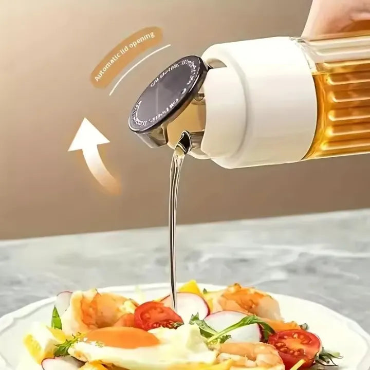 500ml Premium Glass Oil Dispenser – Automatic Gravity-Lever Lid