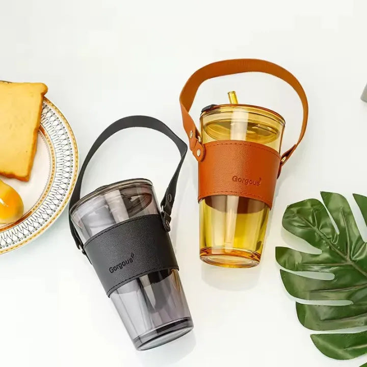 Premium Transparent Glass Drinking Cup with Lid & Straw – Portable Bamboo Wrapped Beverage Tumbler