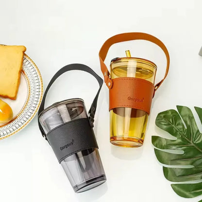Premium Transparent Glass Drinking Cup with Lid & Straw – Portable Bamboo Wrapped Beverage Tumbler