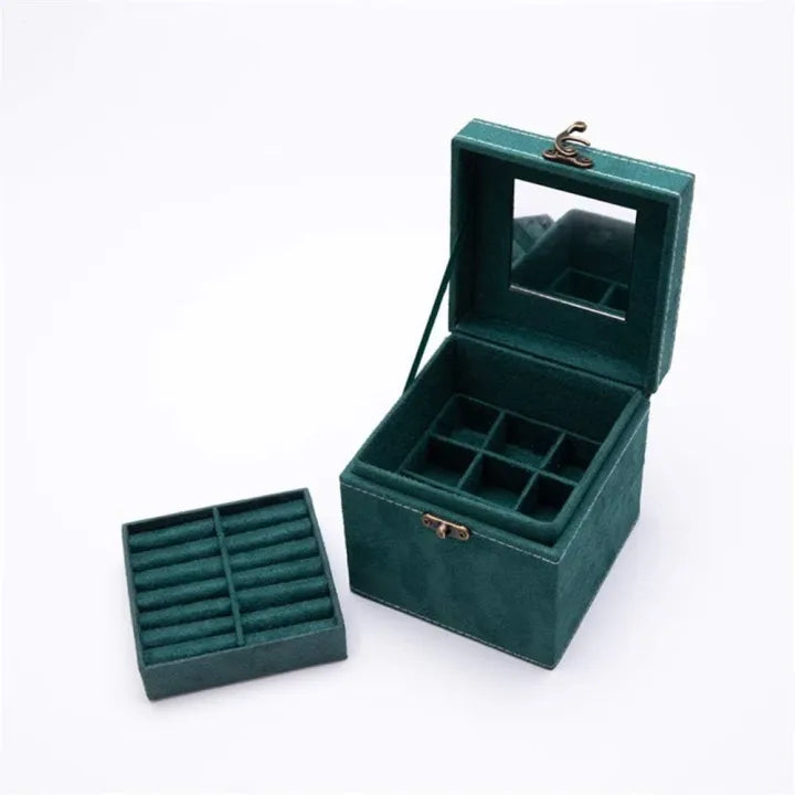 3 Layer Velvet Jewellery Box with Mirror & Decorative Handle