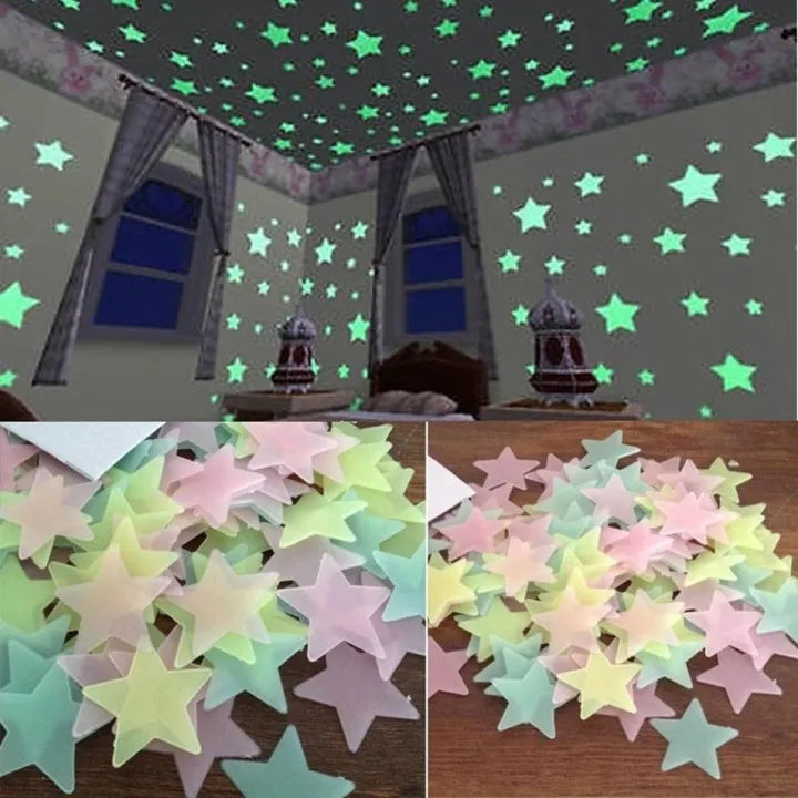 3D Glow Star Wall Stickers – 100PCS Luminous Ceiling Decor