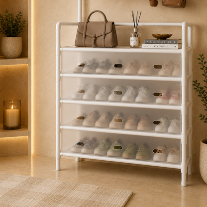 Coat & Shoe Rack with Dustproof Storage – Multi-Layer Organizer with Hanging Hooks