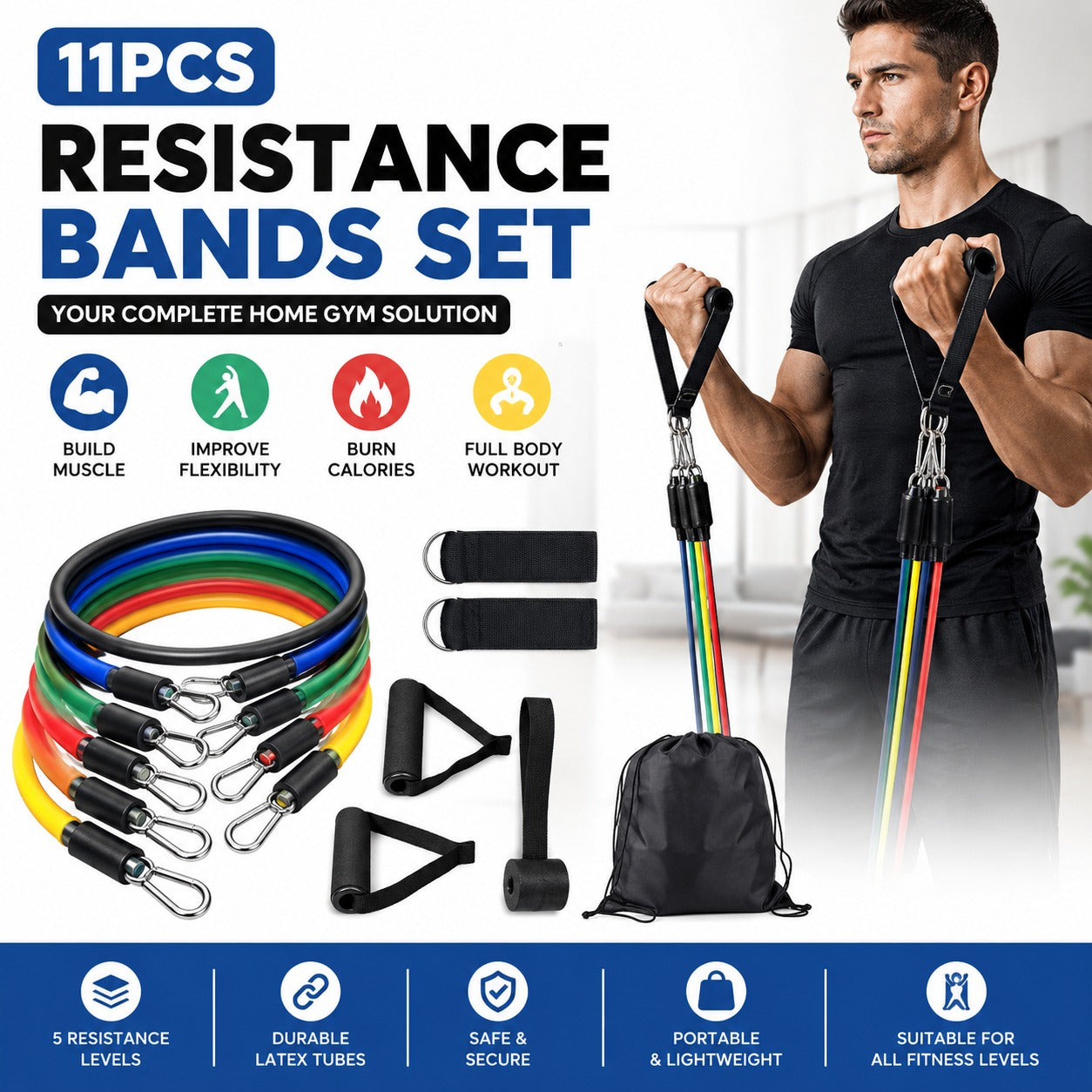 11-Piece Resistance Bands Set – Fitness Exercise Bands with Handles, Door Anchor & Carry Bag