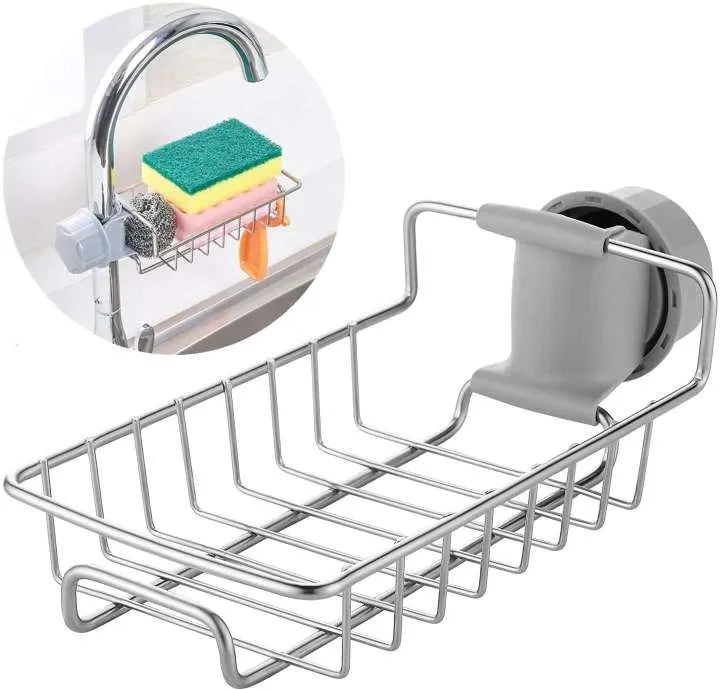 Adjustable Stainless Steel Faucet Sponge Holder – Kitchen Sink Organizer Rack for Soap, Sponge & Cleaning Tools