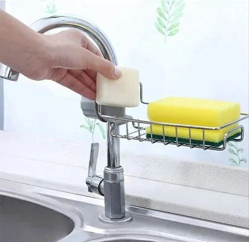 Adjustable Stainless Steel Faucet Sponge Holder – Kitchen Sink Organizer Rack for Soap, Sponge & Cleaning Tools