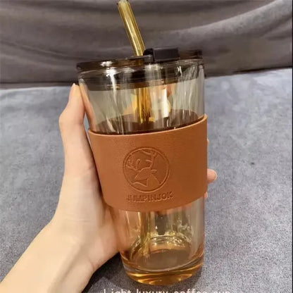 450ML Reusable Glass Tumbler – Coffee Cup with Straw & Sleeve