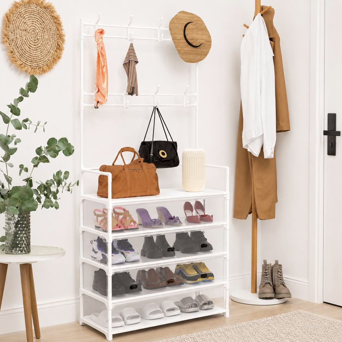 Coat & Shoe Rack with Dustproof Storage – Multi-Layer Organizer with Hanging Hooks