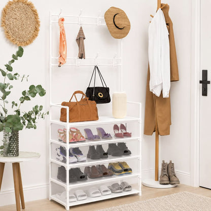 Coat & Shoe Rack with Dustproof Storage – Multi-Layer Organizer with Hanging Hooks